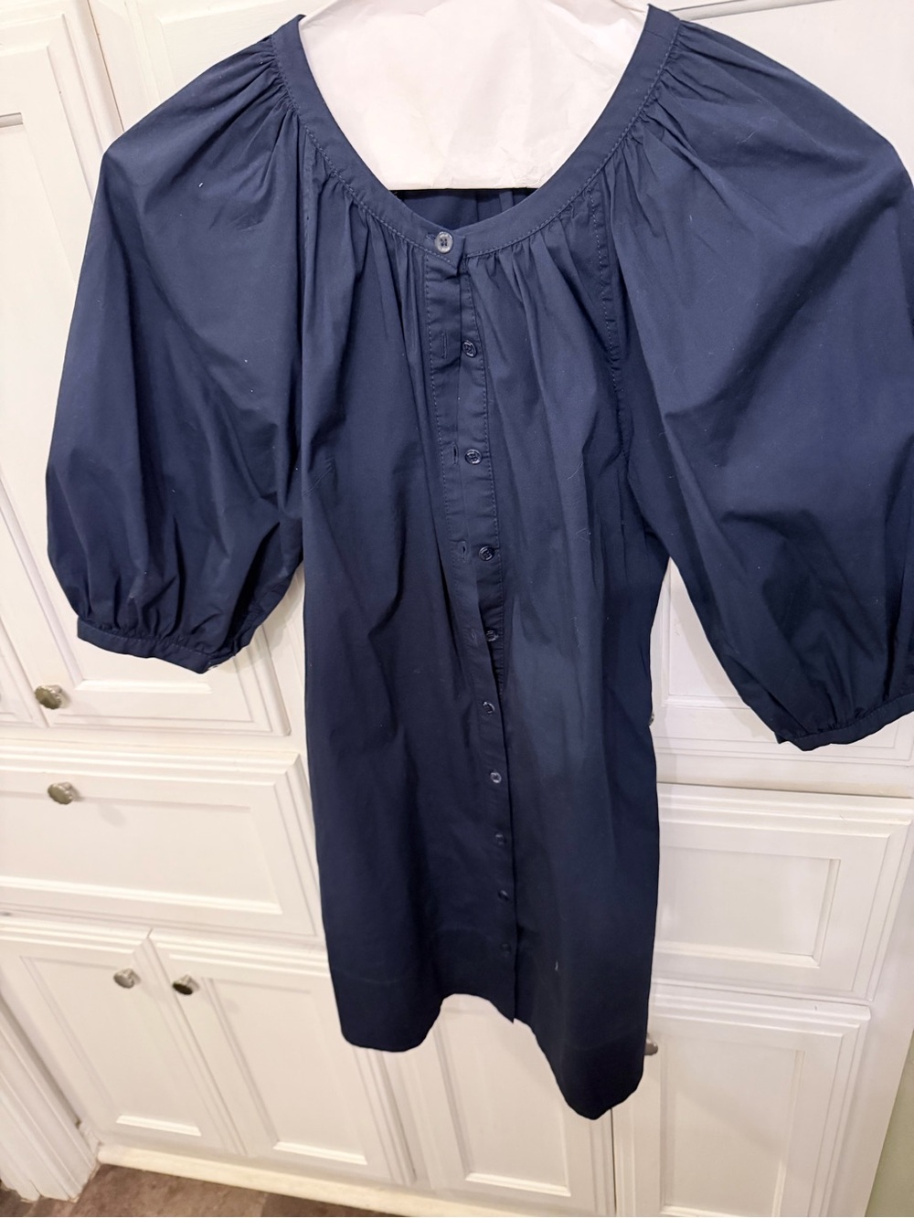 STAUD Navy Button-Front Midi Dress with Puff Sleeves
